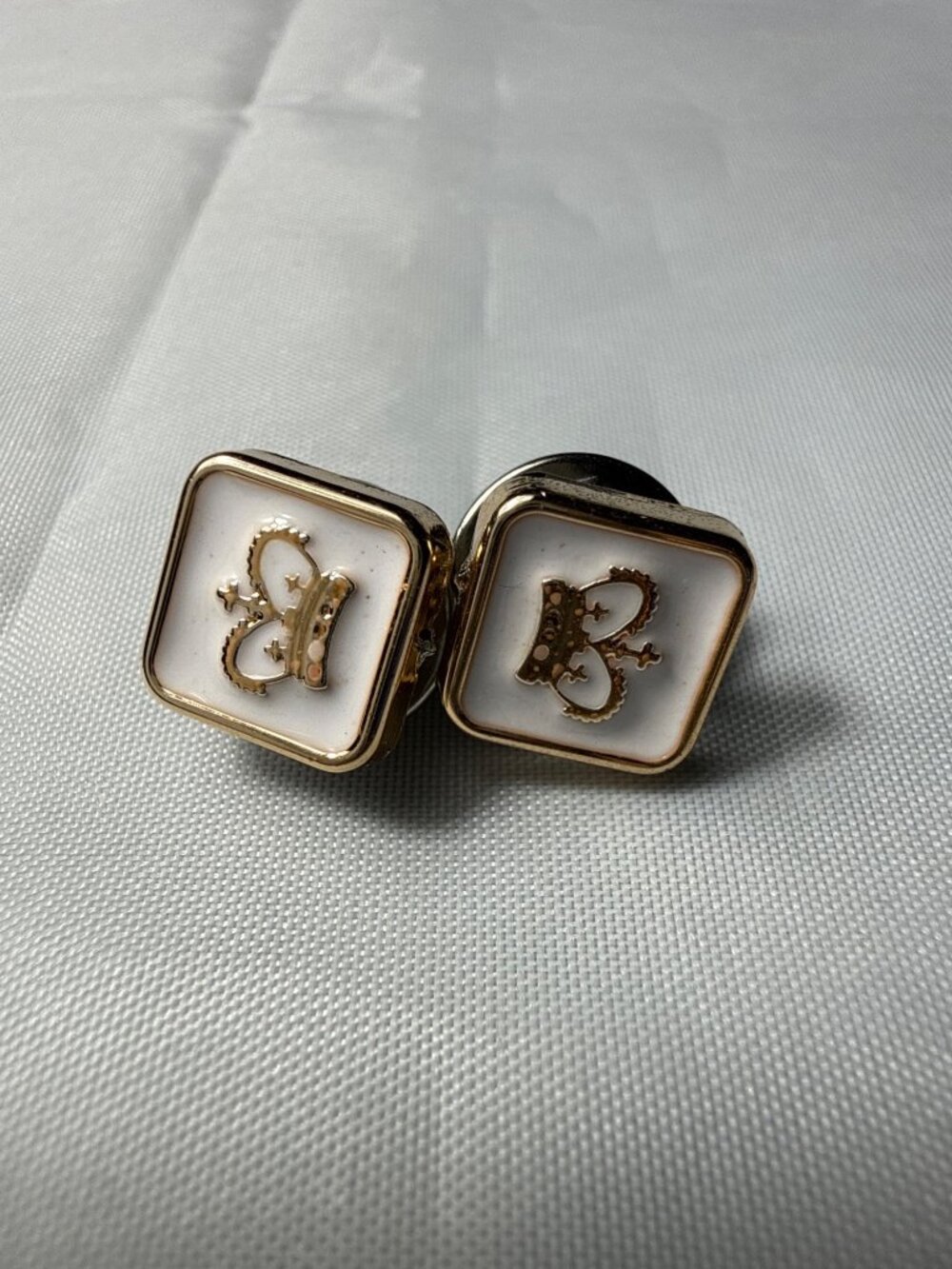 Gold Tone White Enamel Square Crown Brooch Pins Royal Coquette Accent Button 2pc